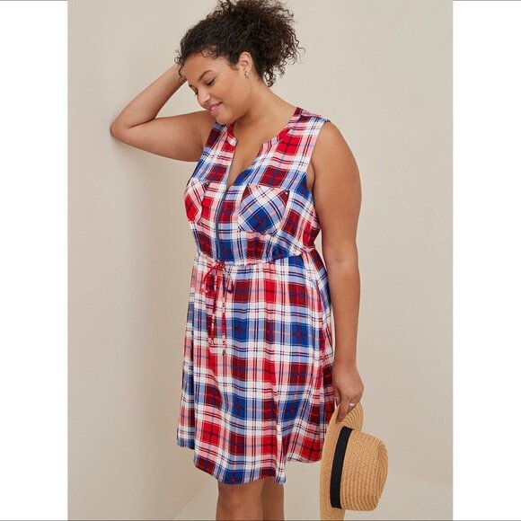 Torrid Challis mini Zip-Front Shirt Dress navy blue red white check plaid 4X 26 - Picture 1 of 5
